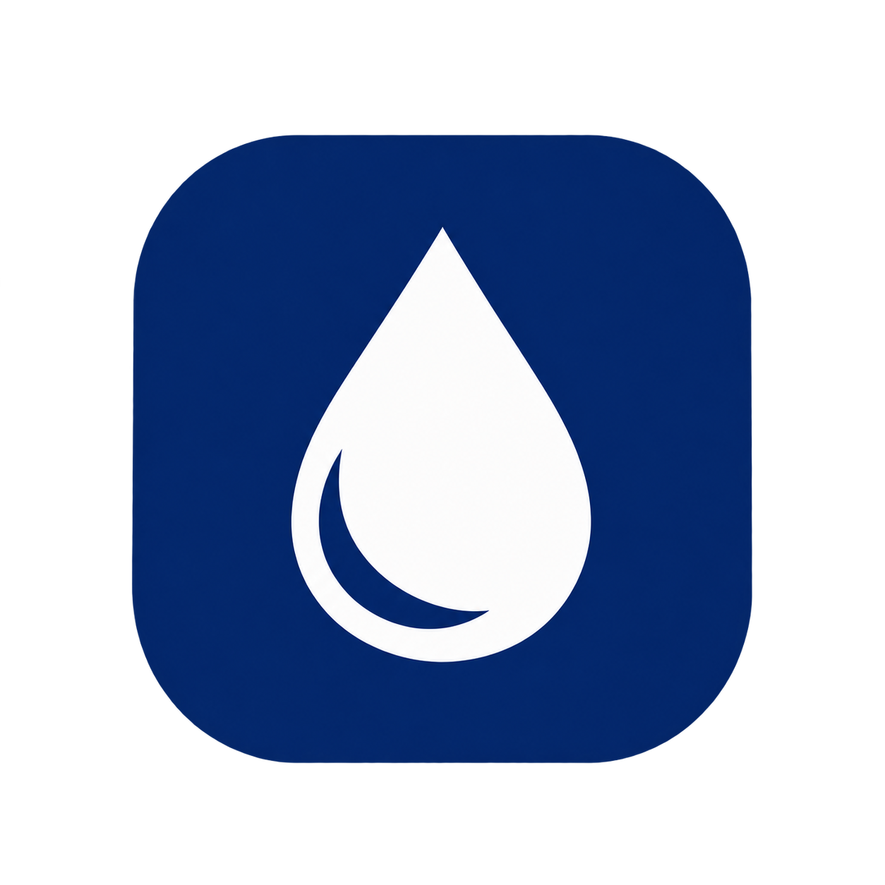 Navy blue water drop logo with white droplet symbol on a transparent background