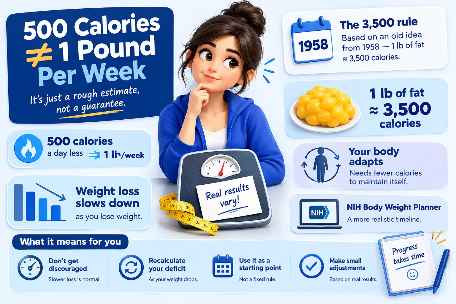 Infographic explaining the 3,500-calorie rule, calorie deficit, metabolic adaptation, and changing weight-loss results.
