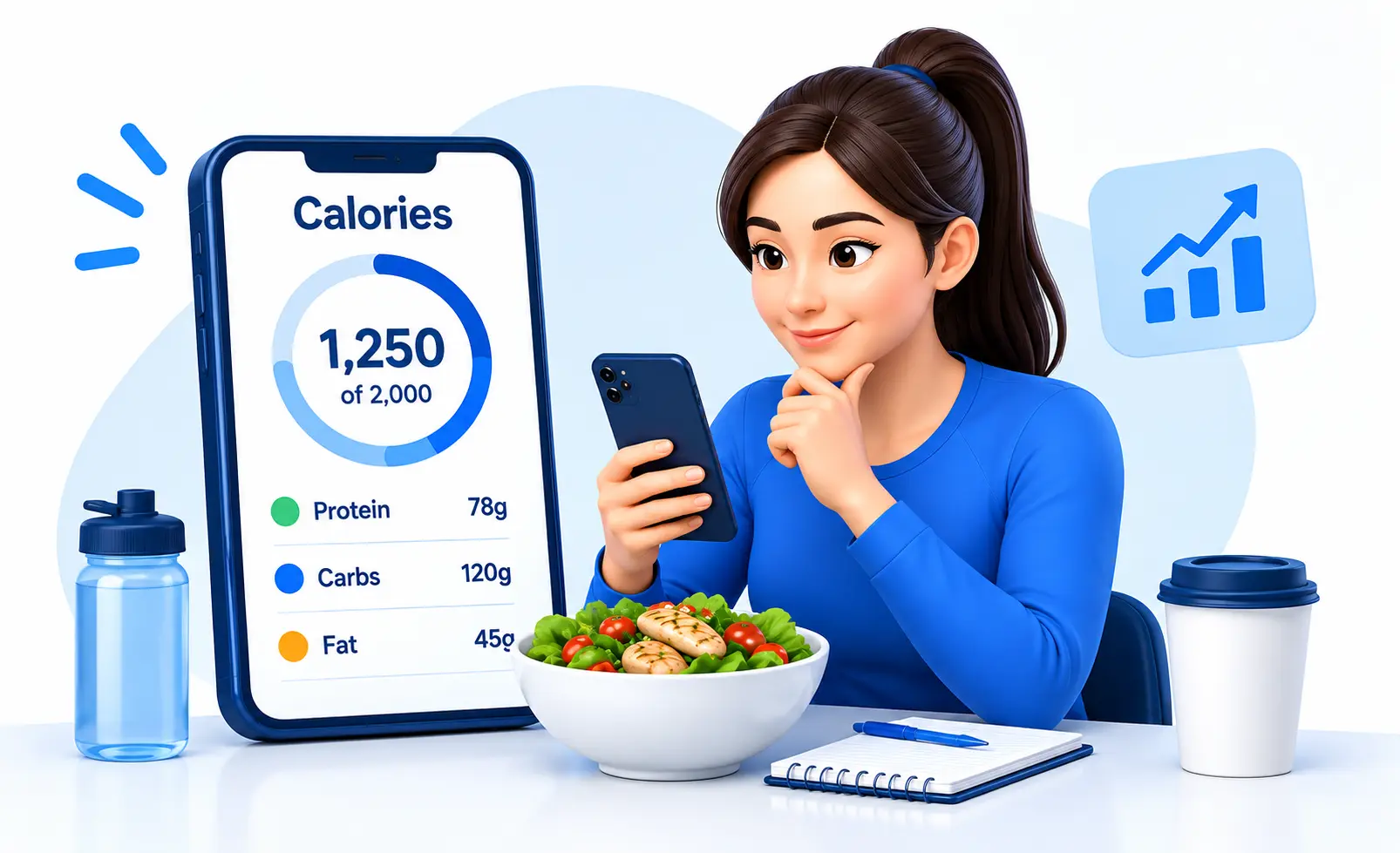 Woman tracking daily calories on a smartphone with healthy food and nutrition data