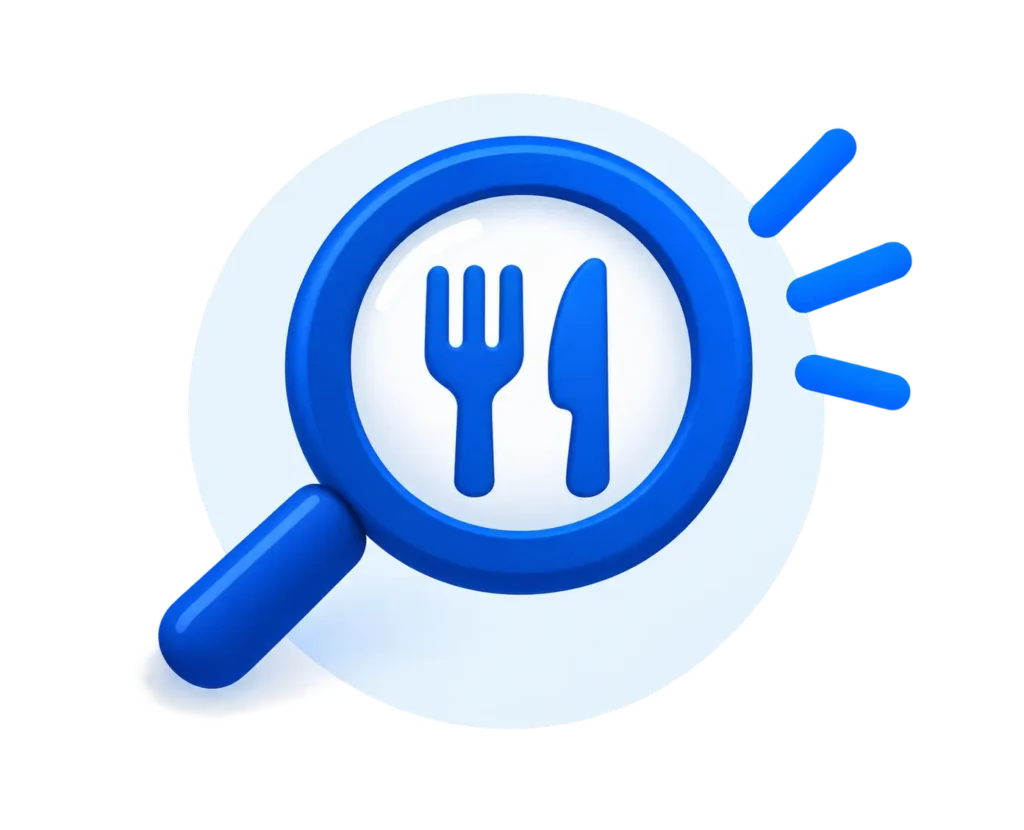 Blue magnifying glass with fork and knife food search icon