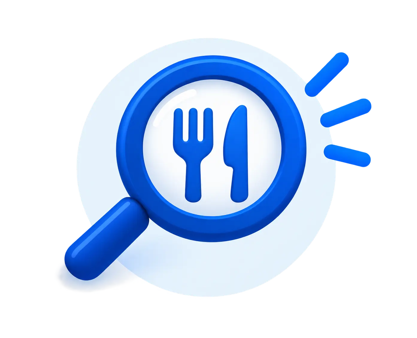 Blue magnifying glass with fork and knife food search icon