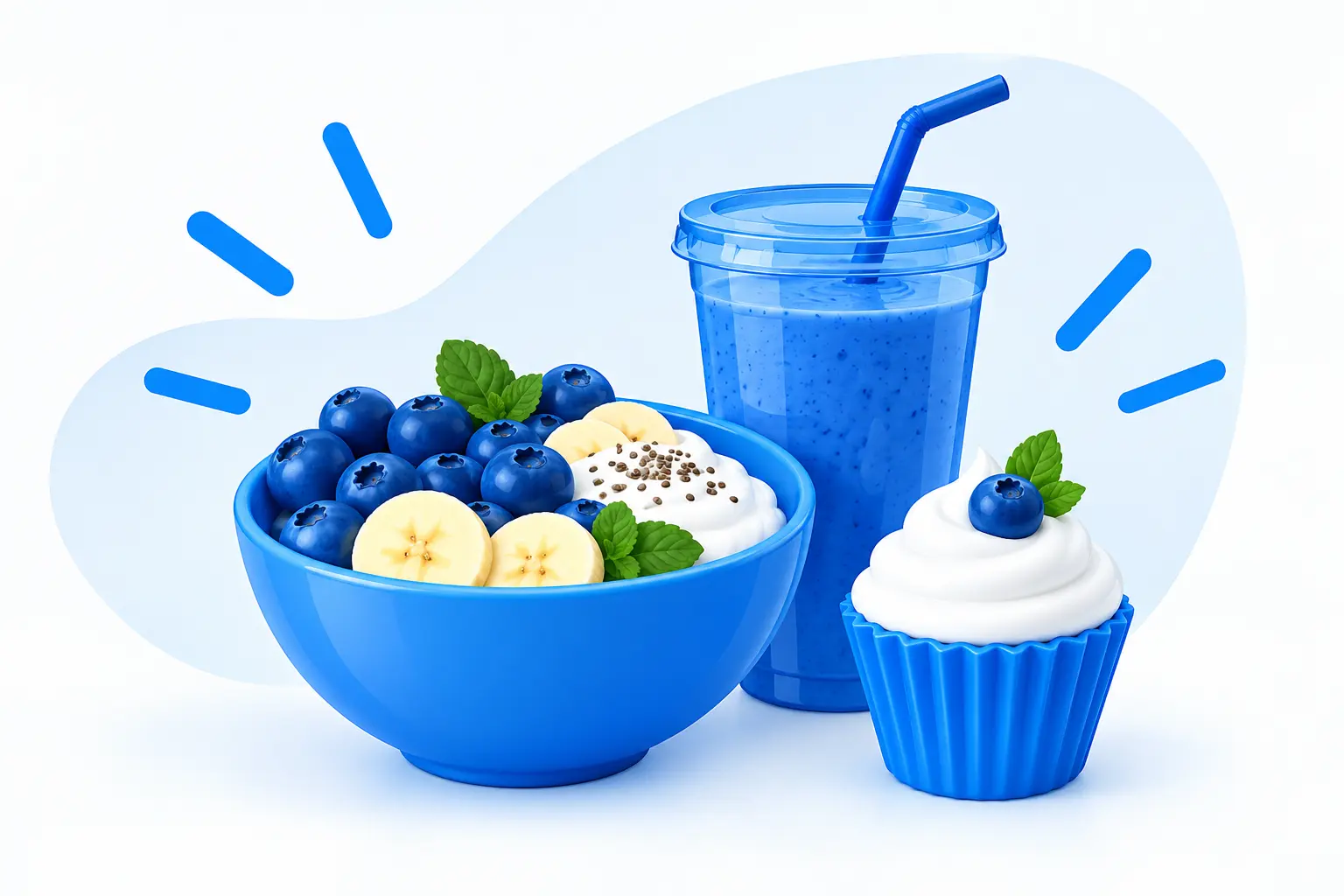 Healthy blueberry breakfast bowl with banana, smoothie, and blueberry dessert