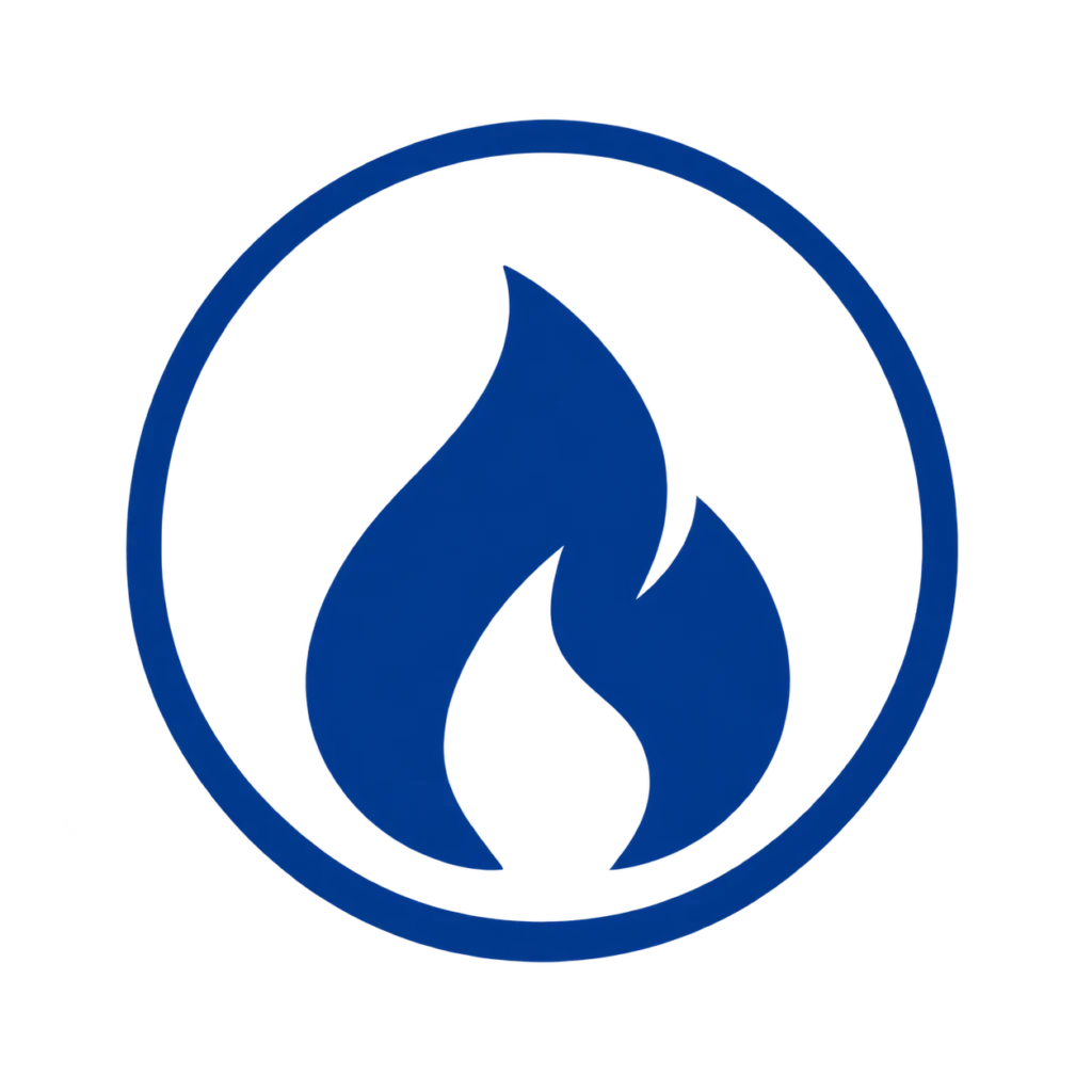 Blue flame icon inside a circular outline