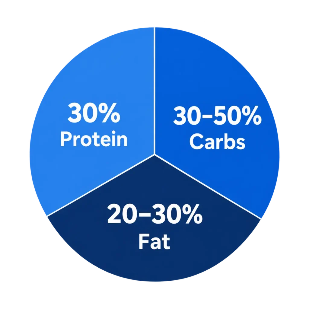 Pie chart showing recommended protein, carbohydrate, and fat percentages