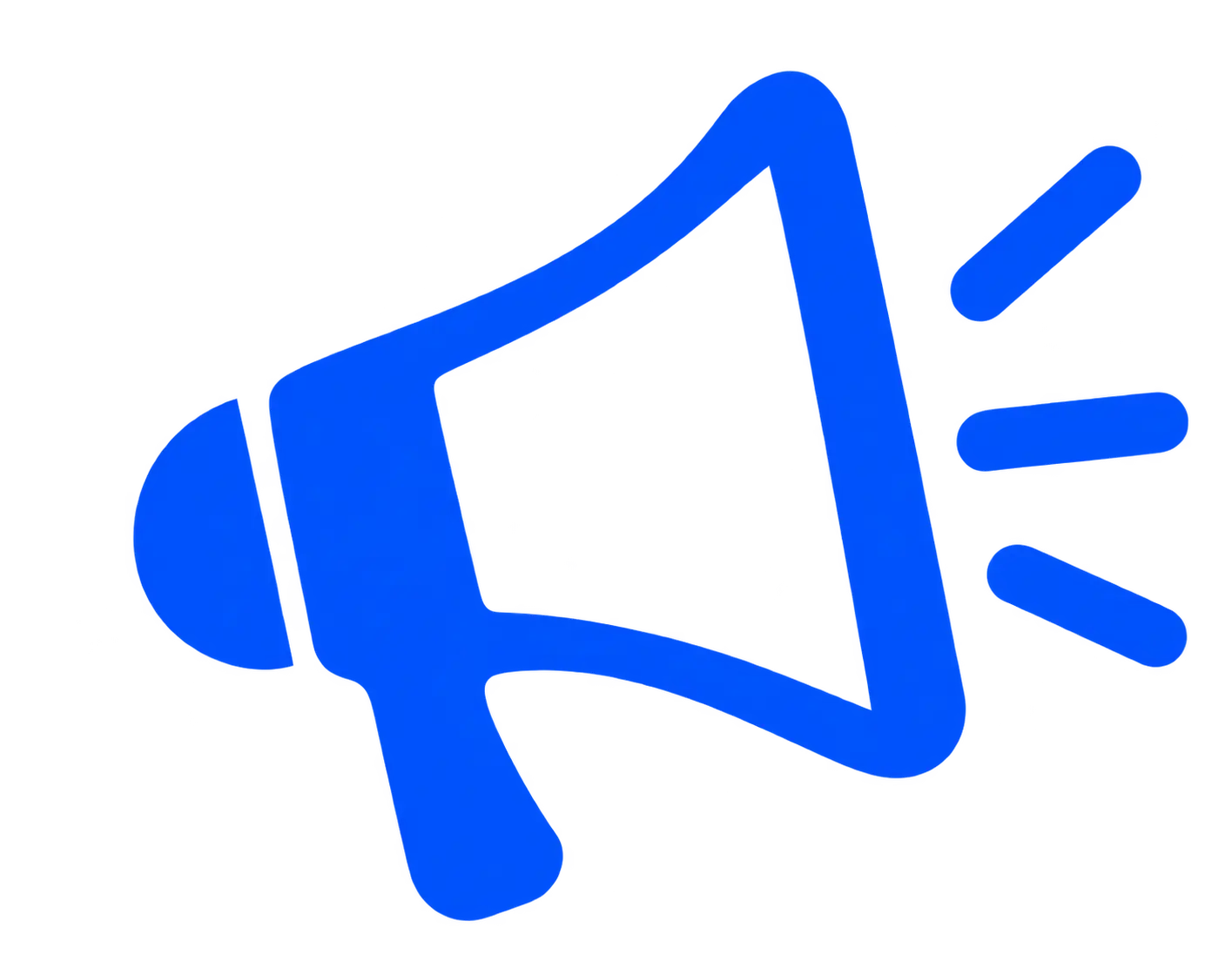 Blue megaphone icon with sound waves on a transparent background