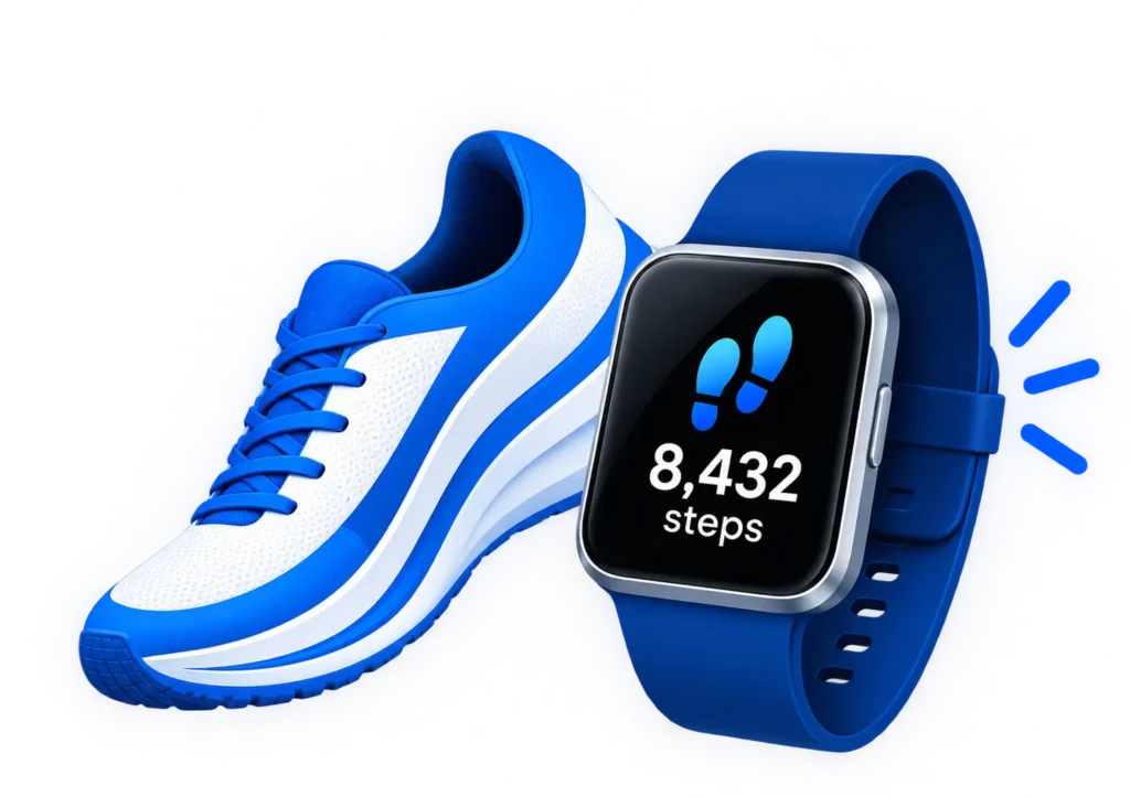 Blue running shoe and smartwatch displaying 8,432 steps for daily activity tracking
