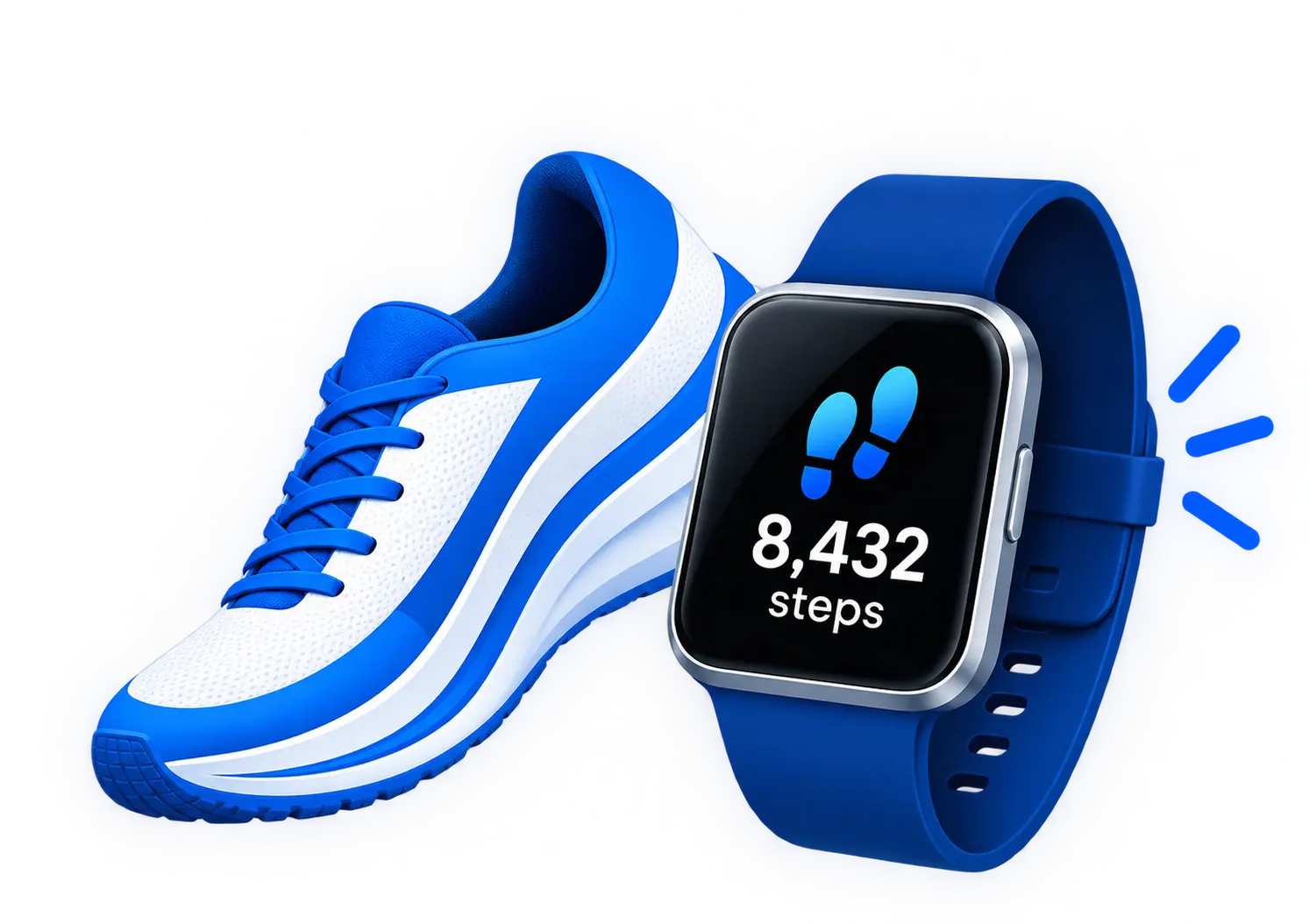 Blue running shoe and smartwatch displaying 8,432 steps for daily activity tracking