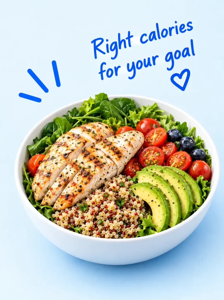 Healthy balanced meal with grilled chicken, vegetables, avocado, tomatoes, and quinoa for a calorie-controlled diet.