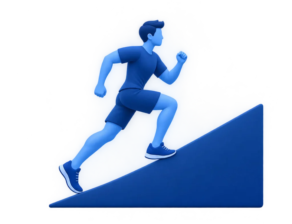 3D blue athlete running uphill for fitness and exercise