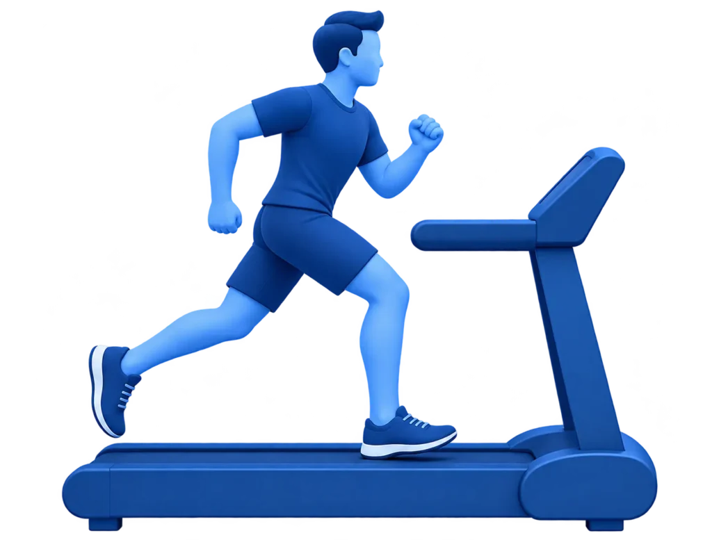 3D blue athlete running on a treadmill for fitness and exercise